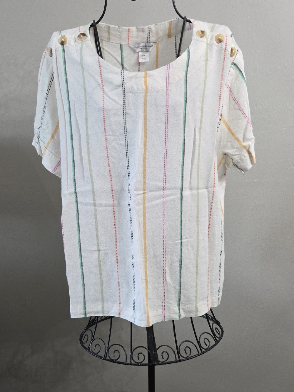 Christopher & Banks Off White Button-Shoulder Stripe Top